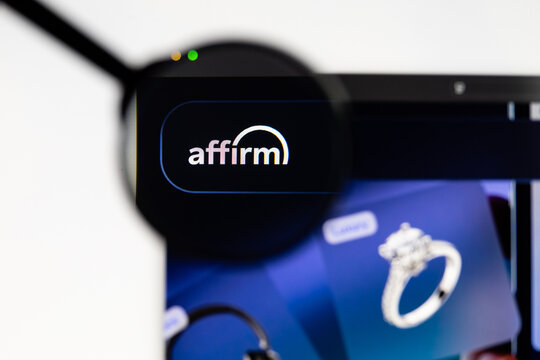 Milan, Italy 2026, 15 AGO Closeup of affirm website page on a laptop screen. Focus on affirm logo under a magnifying glass.
