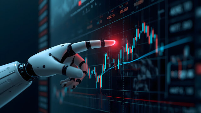 Robotic hand analyzing financial data on digital screen, AI robot finger pointing at stock market charts, futuristic artificial intelligence trading