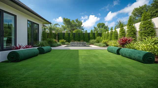 Artificial Lawn Renovation: Freshly rolled artificial turf sits ready on a vibrant green lawn, adjacent to a modern home and a beautifully landscaped garden with manicured hedges and exotic plants.