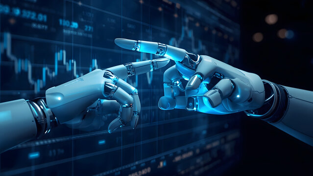Robotic hand analyzing financial data on digital screen, AI robot finger pointing at stock market charts, futuristic artificial intelligence trading