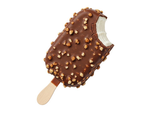 Chocolate almond ice cream bar with bite mark, vanilla frozen dessert on wooden stick, nutty cocoa coating on white background