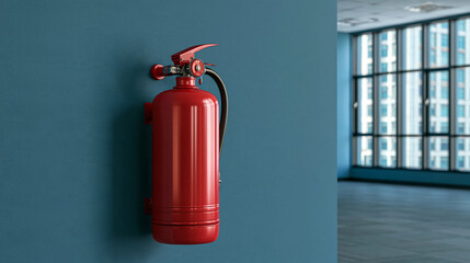 Obraz premium A bright red fire extinguisher mounted securely on a blue office wall in a modern corporate building. Essential safety equipment concept for workplace hazard prevention and building compliance.