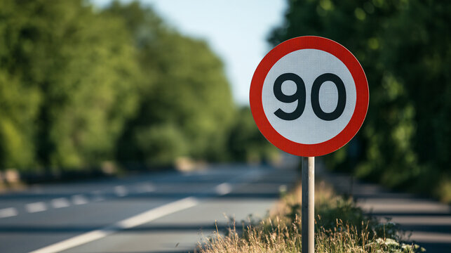 A circular speed limit sign indicating ninety on a rural highway during daylight. Ideal for traffic safety and transportation concepts.