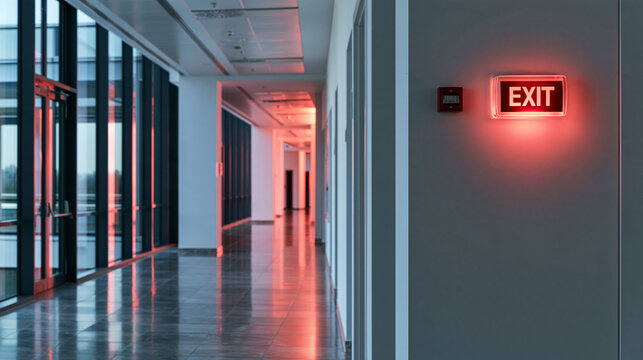 Bright glowing red exit sign mounted on an office building wall with emergency lighting. Safety concept for corporate evacuation procedures and security architecture.