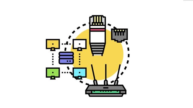 Local area network identifier showing connecting hardware, various computing devices, and network infrastructure, creating a structured data flow concept