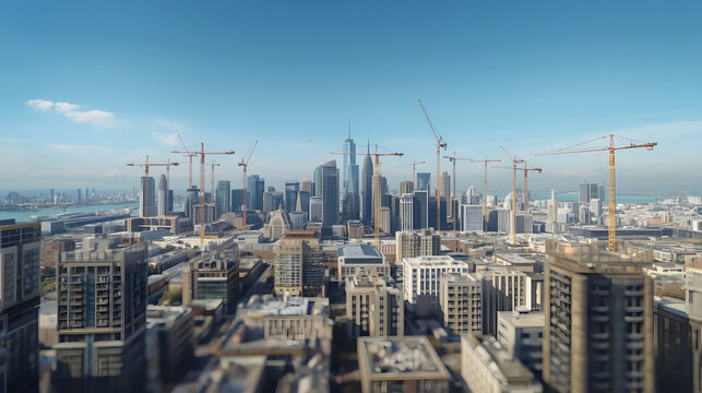 Cityscape Under Construction: A vast urban landscape dotted with numerous construction cranes signals a city in development, with modern skyscrapers piercing the clear blue sky.