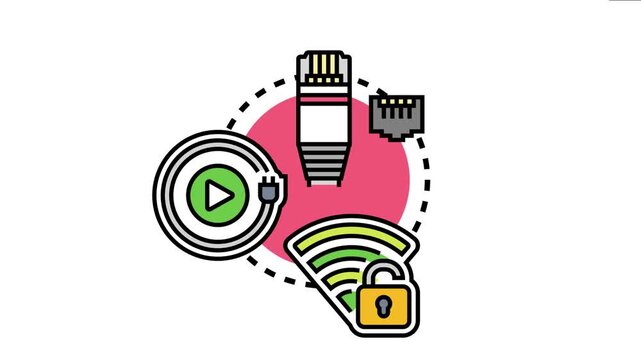 Illustration depicting networking elements including a cable connector. Network port. A data cable with a play button. And a wireless signal with an open padlock