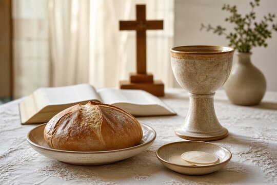 Holy communion table with bread, chalice and gluten free wafer. Wooden cross, open bible and ceramic cup on altar. Christian eucharist sacrament, faith and church worship concept.