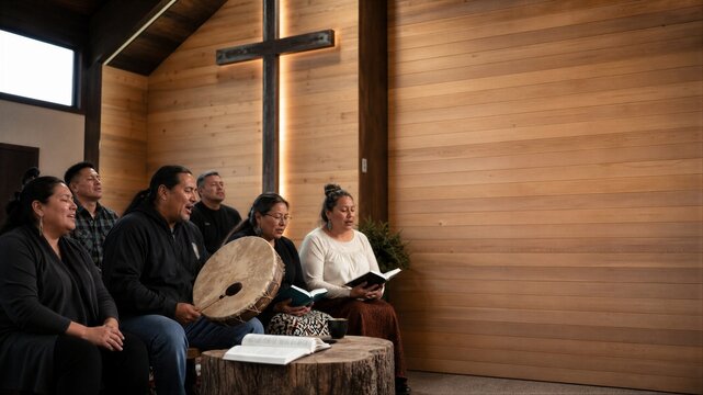 Group of indigenous people singing and praying during christian worship in wooden church. Native man playing traditional hand drum, woman holding bible.