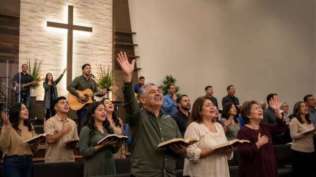 Latino church congregation worshipping with raised hands and bibles during sunday service. Christian worship team singing with guitar on stage near wooden cross.
