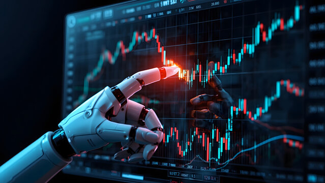 Robotic hand analyzing financial data on digital screen, AI robot finger pointing at stock market charts, futuristic artificial intelligence trading