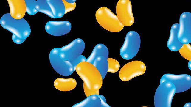 Blue and Yellow Jelly Beans Falling Against Black Background