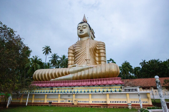 View of the giant golden Buddha statue at Wewurukannala Buduraja Maha Viharaya, set against a backdrop of palm trees and a cloudy sky in Dikwella, Southern Province, Sri Lanka.