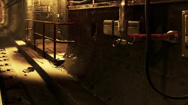 A dimly lit underground tunnel with worn concrete walls and a railing along the sides. There is a discarded shoe on the ground and electrical boxes mounted on the wall.