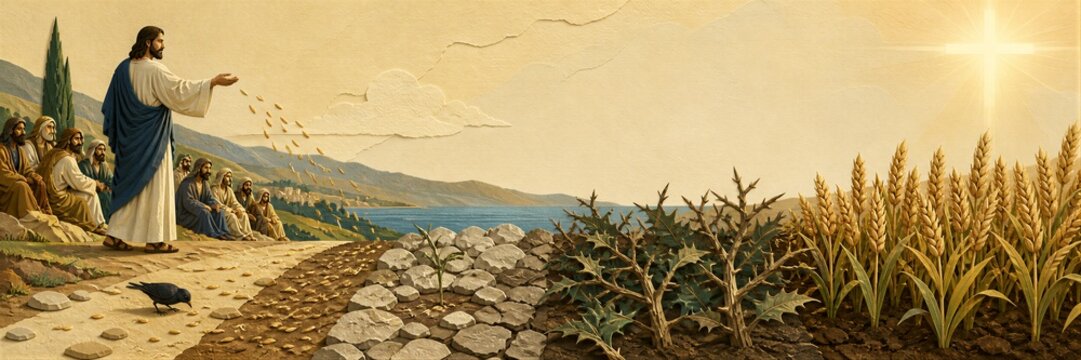 Jesus Christ telling parable of sower to disciples. Man sowing seeds on path, stones, thorns and good soil with wheat harvest.