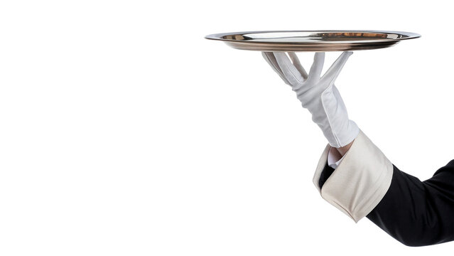 Human hand in white glove holding empty metallic waiter tray isolated on transparent background