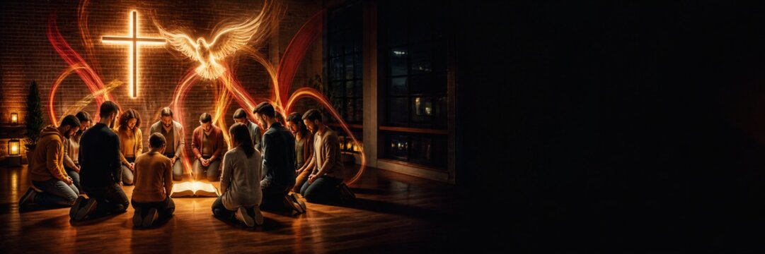 Group of people kneeling in prayer around glowing bible under luminous dove and cross on dark background. Pentecost holy spirit light painting.