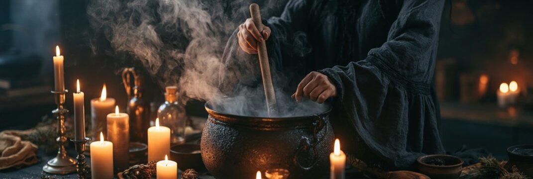 Witch stirring steaming black cauldron in dark room with candles, Halloween magic and witchcraft concept