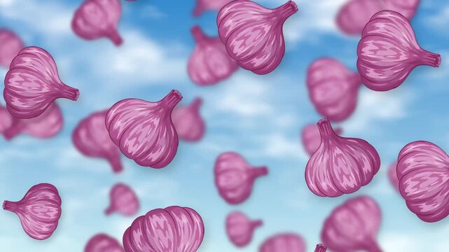 Animated Purple Garlic Bulbs Falling Against a Blue Sky Background