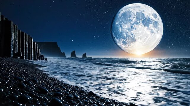 Cinematic view of Reynisfjara black sand beach in Iceland featuring a giant glowing moon over ocean waves, basalt column cliffs, starry night sky, and distant sea stacks at night.