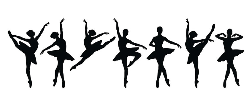 Set of black ballerina silhouettes in various classical dance poses