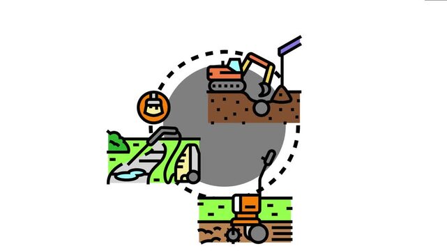 Land excavation and soil removal operations involving heavy machinery digging earth. Ground preparation. And cleanup activities on a construction site. various civil engineering processes