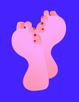 Pink Feet with Red Pedicure on Blue Background &ndash; Minimal Beauty Illustration