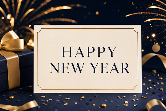 Happy New Year greeting card with elegant gold fireworks. Luxury holiday gift box with ribbon. Festive seasonal celebration background.
