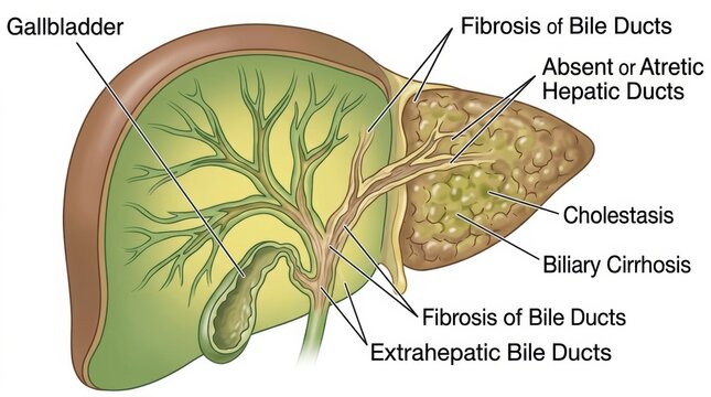 Medical illustration showing human liver anatomy and pathology of biliary disease