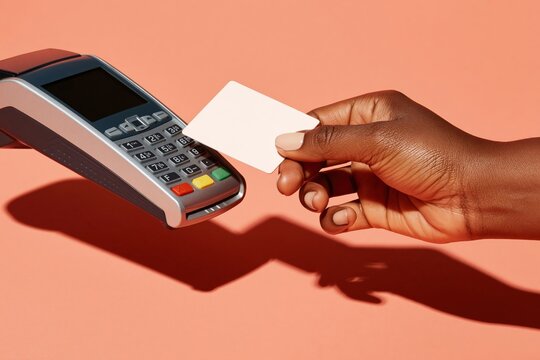Hand tapping blank card on payment terminal against coral background