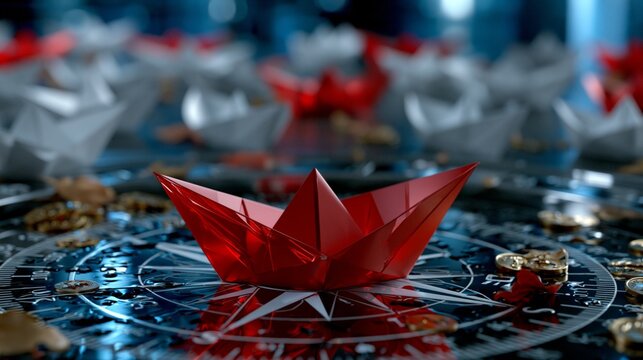 A red paper boat sits on a compass surrounded by coins with blurred boats in the background.