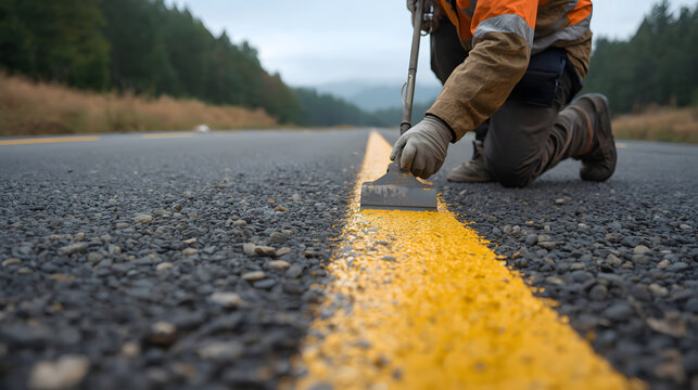 Road Worker Painting Lane Line: A road construction worker, wearing a high-visibility vest and gloves, is carefully painting a yellow line on an asphalt road.