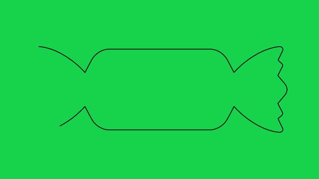 Minimalist continuous line drawing animation of sweet wrapped candy on vibrant green screen.