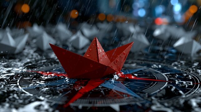 A red origami boat floats on a compass face amidst rain, with gray boats in the background.