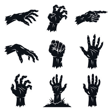 A collection of black silhouette zombie hand illustrations in various poses.