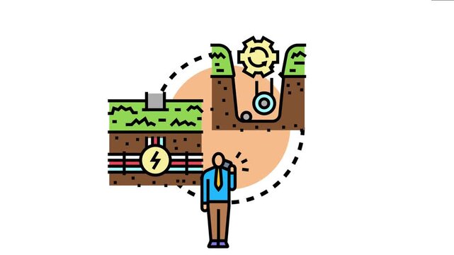 Landline telecommunications infrastructure planning with underground cable installation and connection, a technician making a call, global network buildout and service provision