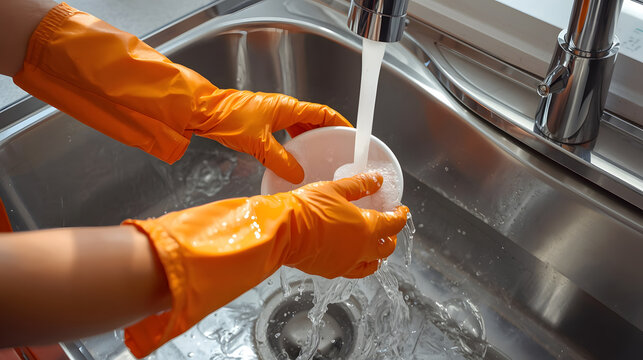Washing Dishes with Orange Gloves: A close-up shot of hands wearing bright orange rubber gloves washing a white plate under running water in a stainless steel sink, illustrating daily chores.