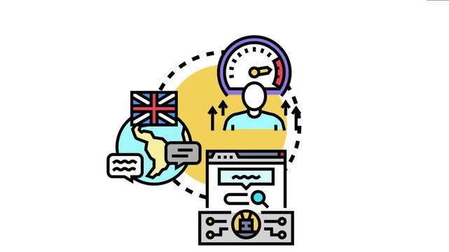 Individual improving language proficiency, measuring skill level, and connecting with global communication and learning online
