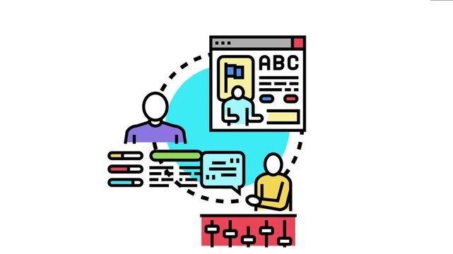 People engaging in online language education, learning new vocabulary and grammar, practicing communication skills, and monitoring progress for personal development