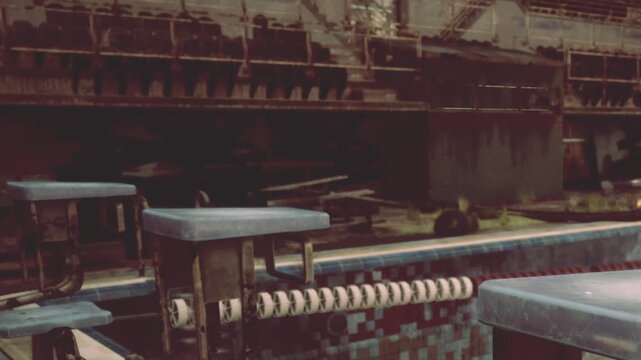 A swimming pool sits empty in a closed facility. The pool shows signs of wear and neglect. Old equipment is scattered around, and the area feels abandoned.
