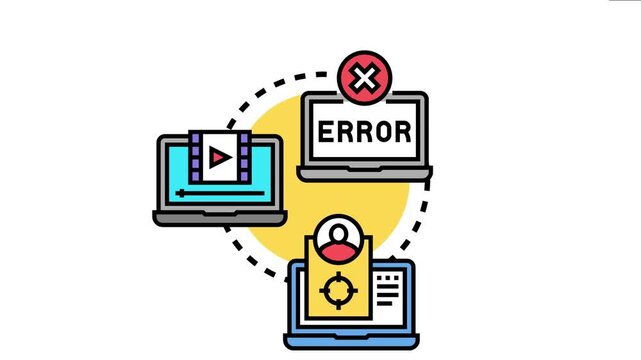 Laptops showing common digital scenarios including an error, a video player for streaming content, and a user profile targeting for online advertising, diverse digital interactions