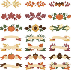 Obraz premium Vintage autumn banners and dividers set. Pumpkin, wheat, and oak leaves with ribbons. harvest festival vector graphics. isolated on White Background Halloween ,Editable Eps
