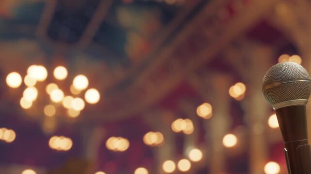 A microphone stands in focus with a blurred theater in the background. Lights hang from the ceiling. People are getting ready for a performance in the evening.