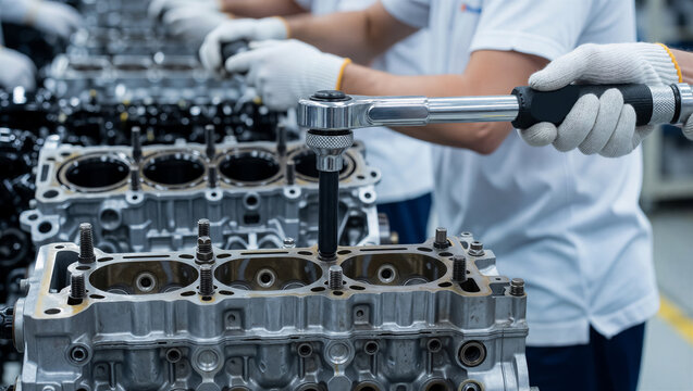 Close-up of a factory worker using a torque wrench during engine assembly. This automotive manufacturing process ensures high precision quality