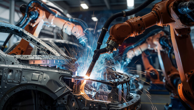 Industrial robotic arm performs precision welding on a car chassis in a factory. Bright sparks fly during the automated automotive manufacturing process