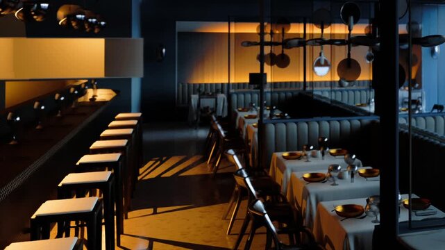 A modern restaurant with empty tables and dim lighting during the night. There are bar stools at the counter and shadows creating patterns on the floor.