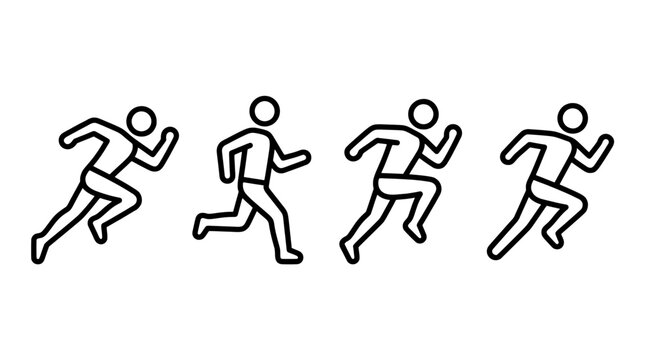 Set of four running people icons representing active lifestyle and fitness motion, stick figure human characters in various running positions for sports and healthy activity concepts.