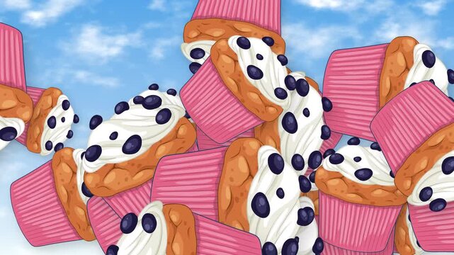 Animated Blueberry Muffins Falling Through a Bright Blue Sky