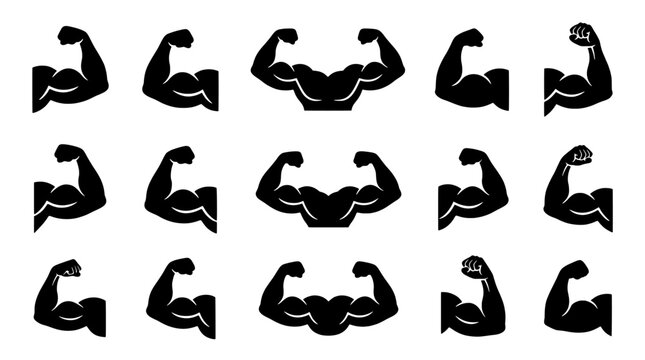 Set of black silhouette icons showing muscular arms and biceps flexing, bodybuilder posing, strength and fitness concept