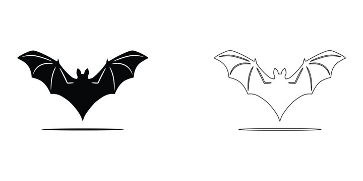 Flying bat silhouette and outline icon set isolated on a white background